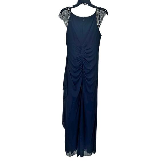 X By XSCAPE Embellished Illusion Neck Ruffle Gown Short Sleeves Navy Size 8 NWT - Picture 4 of 13
